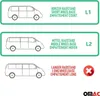Diagrams showing different wheelbase lengths of a van, with corresponding labels and a cross symbol indicating incompatibility. Produktbild-Vorschau