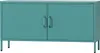 A teal metal TV cabinet with two doors and four legs, shown from the front against a white background. Voir les images du produit