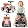 A collage of a pink retro ride-on car for children, with one image showing a baby sitting on it. Produktbild-Vorschau