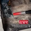 A close-up view of a vacuum cleaner nozzle being used to clean ash from a fireplace. The nozzle is red and gray, and the ash is gray and black. There is text overlay on the image. Produktbild-Vorschau