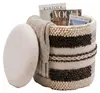 Sitzhocker mit Stauraum aus Wolle in Beige, Gesamtansicht mit geöffnetem Deckel, darin Zeitschriften und gefaltete Textilien.