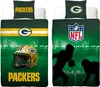 Two sides of a Green Bay Packers themed duvet cover and pillow set, displayed on beds. Náhled obrázku produktu