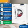 A white washing machine with its door open, displaying red laundry inside, surrounded by feature callouts. Produktbild-Vorschau
