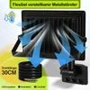 A black LED floodlight with a motion sensor is shown with blue arrows indicating airflow, suggesting cooling. Text overlays describe features and cable length. Produktbild-Vorschau