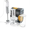 An Arendo Mano hand blender set is displayed on a white background, including the blender itself, a chopper attachment, and a measuring cup. Produktbild-Vorschau