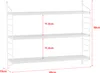A diagram of a white modular wall shelf with dimensions indicated. Voir les images du produit