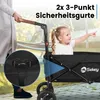 A person is pushing a wagon with a child in it, with a close-up of a safety harness. Produktbild-Vorschau