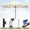 A square umbrella is shown against a sky background, with four close-up insets detailing its features. Produktbild-Vorschau