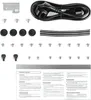 A collection of computer hardware components and accessories, including a power cord, screws, and rubber feet, laid out on a white background, with a manual at the bottom. Produktbild-Vorschau