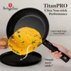 A hand holding a frying pan with an omelet being slid out onto a plate. Náhled obrázku produktu