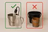 Two comparison images showing correct and incorrect ways to use a submersible heater. The left side shows a correct setup with a metal bucket, water, and the heater. The right side shows an incorrect setup with plastic and wooden buckets. Produktbild-Vorschau