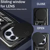 A collage of images showing a phone case with a sliding camera cover, demonstrating its open and closed states. Voir les images du produit