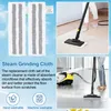 Collage of images showing steam mop cleaning cloths, a steam mop in use, and a steam cleaner with a mop attachment. Produktbild-Vorschau