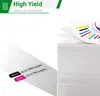 A stack of paper with a chart on top, and text indicating high yield and page counts for black and color printing. Produktbild-Vorschau