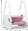 A product image of a pink and white children's step stool with measurements shown. Voir les images du produit