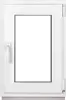 A white PVC window with a clear glass pane and a white handle. Produktbild-Vorschau