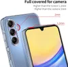 A clear phone case is shown on a white background, highlighting its protective features for the camera and screen. Produktbild-Vorschau