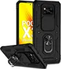 A black protective phone case with a ring holder and camera cover is shown from multiple angles, with a phone screen visible in the background. Produktbild-Vorschau