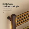 A close-up marketing image of a black towel radiator with glowing orange heating elements, set against a light beige wall. Anteprima dell’immagine prodotto