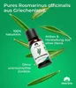 A bottle of rosemary oil is shown floating against a green background, surrounded by rosemary leaves. Produktbild-Vorschau