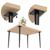 A table with black metal legs and a wooden top, shown from a low angle. Two close-up views of the leg attachment mechanism are shown in the upper corners. Produktbild-Vorschau