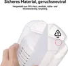 A hand is holding a clear plastic container with measurement markings. The container has multiple compartments and a recycling symbol is visible. Produktbild-Vorschau