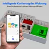 A hand holding a smartphone displaying a cleaning robot app, superimposed over a 3D rendering of a house floor plan with different rooms highlighted in red and green. Produktbild-Vorschau
