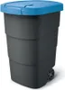 A dark gray trash bin with a blue lid and wheels, shown from a three-quarter angle against a white background. Produktbild-Vorschau