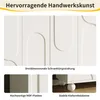 A collage of images showcasing the details of a white sideboard, including its textured doors, MDF panels, and wooden legs. Produktbild-Vorschau