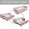 Three views of a pink convertible sofa bed, illustrating its different configurations. Produktbild-Vorschau