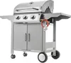 A stainless steel gas grill with three burners and a cabinet base, shown against a white background. Náhled obrázku produktu