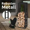 A black metal firewood rack filled with logs, next to a black oven mitt, with text overlays highlighting product features. Produktbild-Vorschau