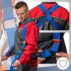 A collage of images showing a man wearing and demonstrating a safety harness with straps. Produktbild-Vorschau