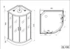 Technical drawing and 3D rendering of a corner shower cabin with dimensions and model number. Produktbild-Vorschau