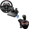 A gaming steering wheel, pedals, and gear shifter are displayed against a white background. Produktbild-Vorschau