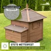 A wooden chicken coop with a textured, water-repellent roof, set on a grassy lawn with trees in the background. Produktbild-Vorschau