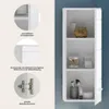 A white wall-mounted cabinet with its door open, showcasing its interior shelves and contents, with close-up insets highlighting features. Produktbild-Vorschau
