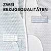 A split image showing two different fabric textures of a pillow, with text overlays describing the features. Produktbild-Vorschau
