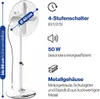A white stand fan with various feature callouts and icons. Podgląd zdjęcia produktu