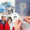 A collage of images showing sewing supplies, a pair of jeans with distressed pockets, a couple, and hands sewing buttons. Produktbild-Vorschau
