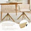 Two beige velvet chairs with gold metal legs are shown in a dining room setting, with a table in the background. A close-up inset shows the adjustable foot of one of the chairs. Produktbild-Vorschau