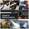 Collage of images showing a high-pressure cleaner being used on various items and surfaces, including a bicycle, motorcycle, car, flowers, patio, and solar panels. Produktbild-Vorschau