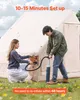 A couple is setting up an inflatable tent outdoors, with one person using a pump to inflate it. The scene is set in a grassy area with flowers, suggesting a camping or outdoor recreational context. Produktbild-Vorschau