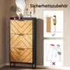 A shoe cabinet with safety instructions shown next to it. Produktbild-Vorschau