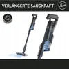 A Hoover cordless vacuum cleaner is shown in two views, with a close-up of the internal mechanism and a full view of the vacuum cleaner with its brush head on the floor. Produktbild-Vorschau