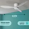 A white ceiling fan is shown mounted on a white ceiling above a teal wall. Text overlays indicate product dimensions and suitability for rooms. Náhled obrázku produktu