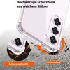 A clear phone case is shown on a textured surface, demonstrating its protective features. Produktbild-Vorschau
