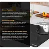 A split image showing text descriptions of features on the left and a close-up of an induction cooktop with a pot on the right. Produktbild-Vorschau
