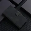 A black flip wallet phone case is displayed on a dark, textured surface with dark boxes in the background. Anteprima dell’immagine prodotto