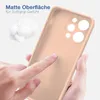 A hand is touching a pink phone case, with text describing its matte surface and soft grip. Produktbild-Vorschau